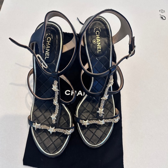 CHANEL Gold Stars Black Heels Sandals 41EUR authentic - Picture 1 of 9